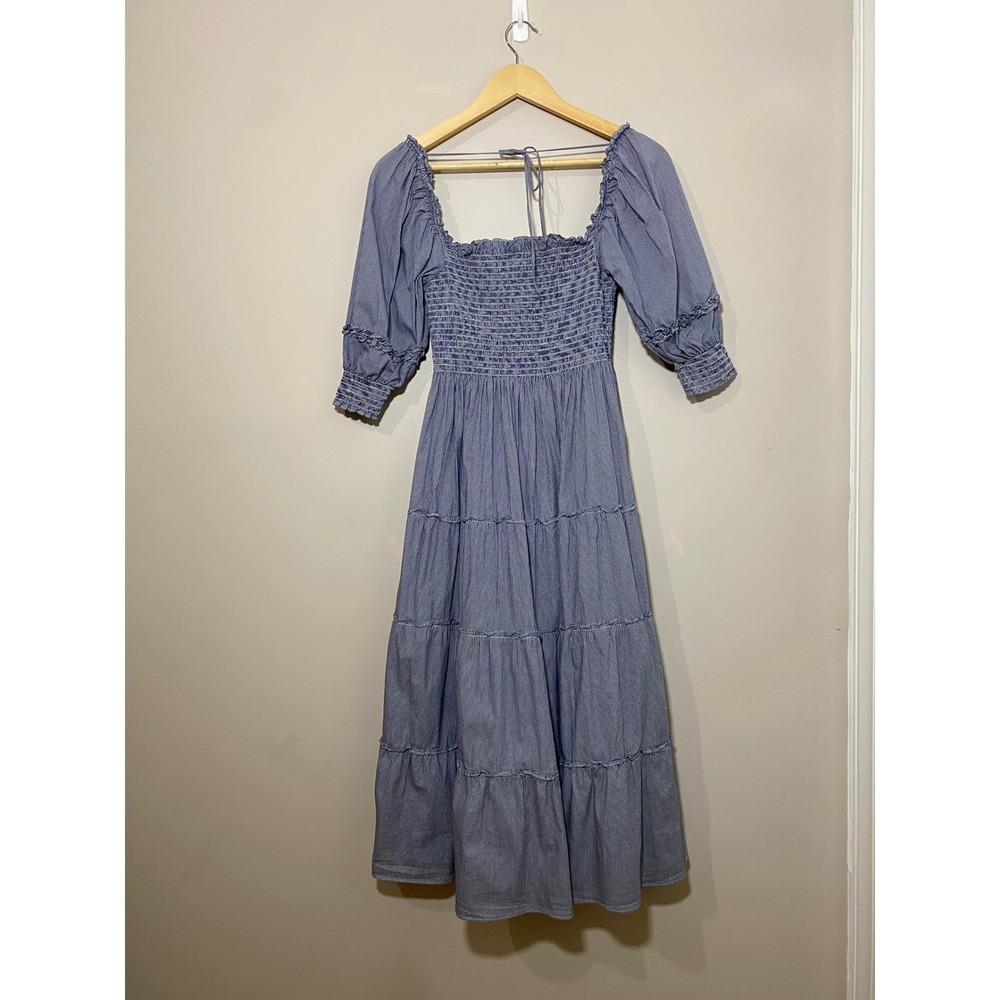 Hill House Nesli Nap Dress Blue Micro Gingham Smocked Tiered Midi Dress Sz SMALL - Picture 3 of 8